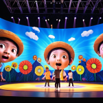 **

A vibrant scene from the Tayo musical. Focus on the use of projection mapping and special effects to create an immersive experience for the audience. Include children in the audience with amazed expressions.

**