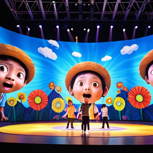 **

A vibrant scene from the Tayo musical. Focus on the use of projection mapping and special effects to create an immersive experience for the audience. Include children in the audience with amazed expressions.

**