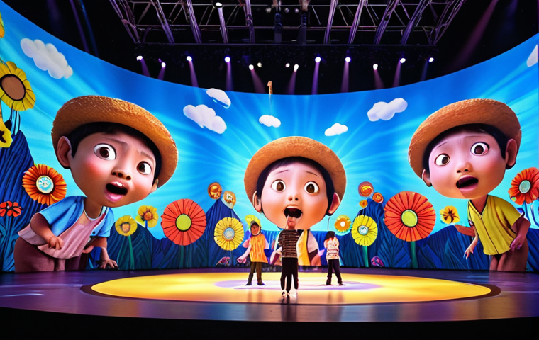 **

A vibrant scene from the Tayo musical. Focus on the use of projection mapping and special effects to create an immersive experience for the audience. Include children in the audience with amazed expressions.

**