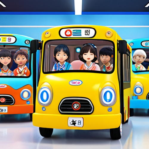 **Prompt:** Tayo the Little Bus leading a group of diverse child characters (Japanese style) in a vibrant, interactive learning game with AR elements, blending education and fun, set in a futuristic digital classroom. Focus on bright colors, joyful expressions, and a technologically advanced aesthetic.