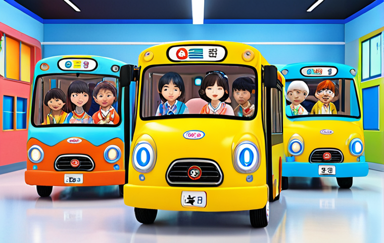 **Prompt:** Tayo the Little Bus leading a group of diverse child characters (Japanese style) in a vibrant, interactive learning game with AR elements, blending education and fun, set in a futuristic digital classroom. Focus on bright colors, joyful expressions, and a technologically advanced aesthetic.