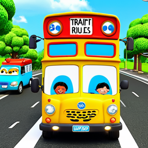 Tayo and Friends Learning Traffic Rules**

Prompt: Adorable Tayo the Little Bus and his friends (Rogi, Lani, Gani) joyfully learning traffic rules. Bright colors, friendly expressions. Educational and playful scene. Children watching and singing along.

**